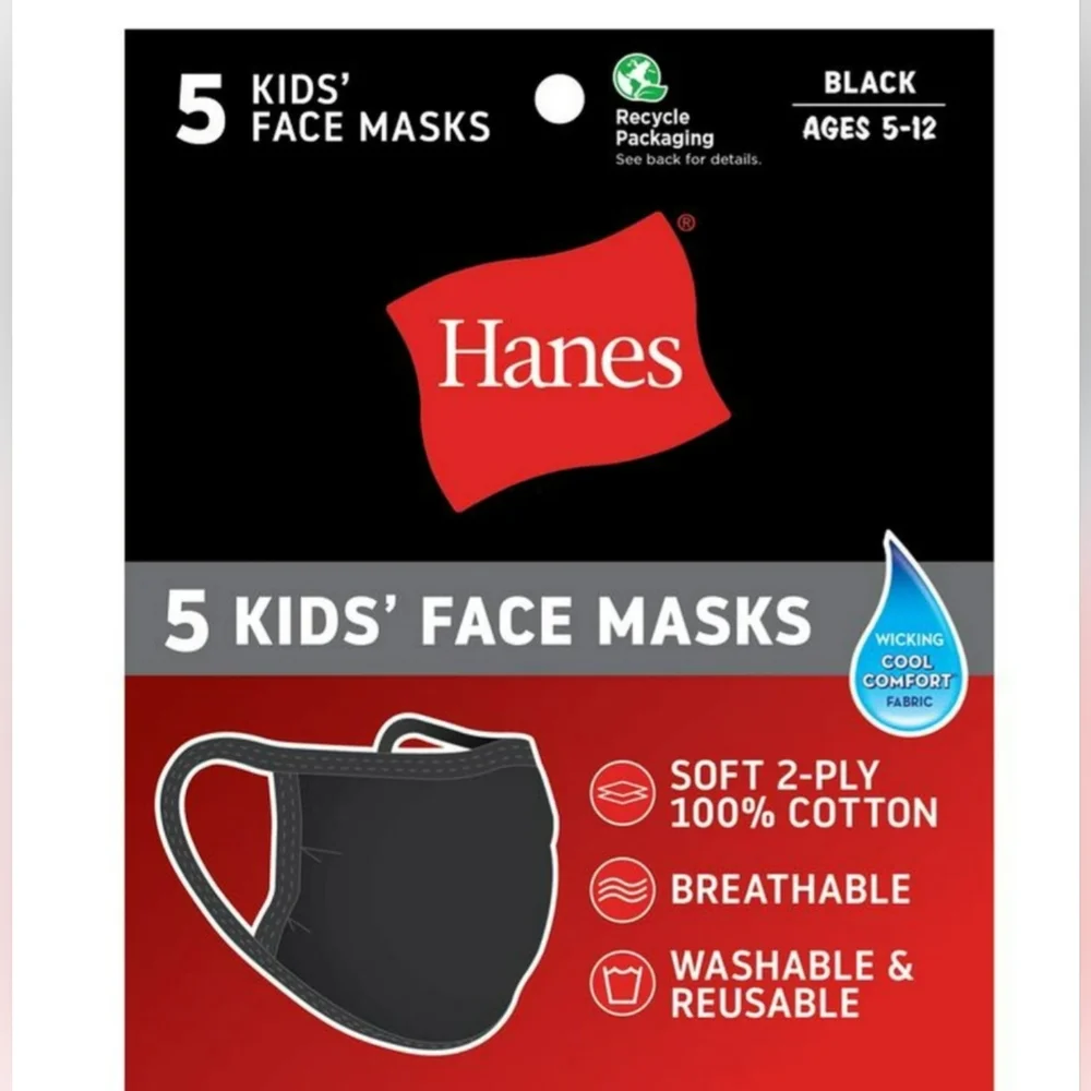 6 Packs Of 5 Hanes Kids 100% Cotton Fabric Reusable Face Mask Washable Black